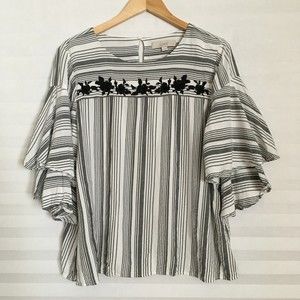 Loft Womens Blouse Top Size XL Keyhole Back Flounce Short Sleeve Embellished